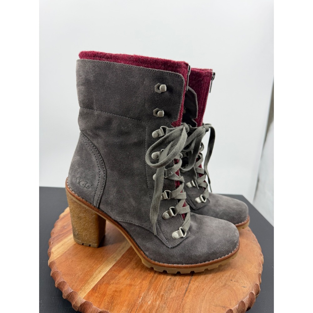UGG fabrice Lace Up Boots sz 10 Grey Suede Burgundy Wool Lined Lug Sole 1001990